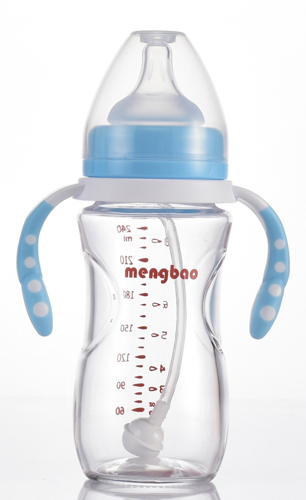 盟寶有吸管玻璃奶瓶240ml-藍(lán)白